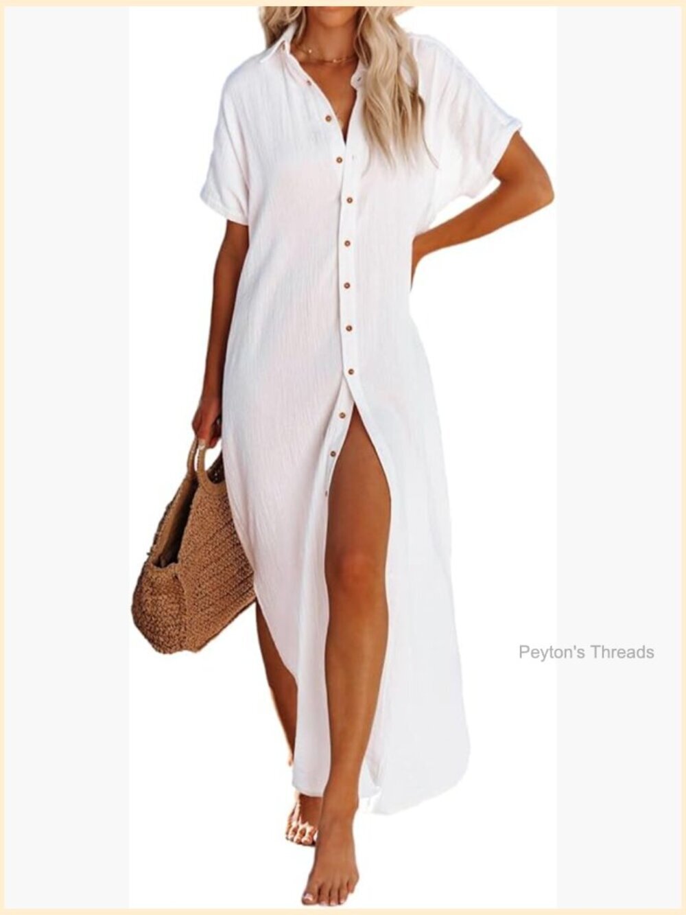 Short Sleeve Button Down Side Split Kimono Cardigan Swimsuit Cover Up